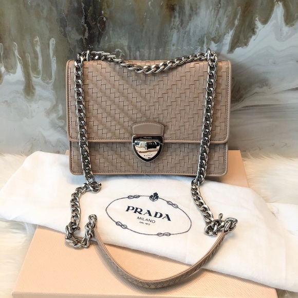 Prada Madras Woven Leather Chain Flap Bag Cammeo - Picture 2 of 8